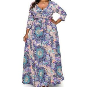 Janette Fashion Paisley Faux Wrap Maxi Plussize Dress